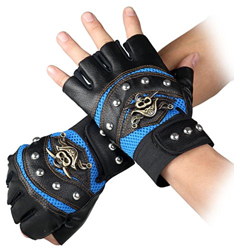 Coolwife Steampunk Gothic Handschuhe Herren Geuuine Leder Captain Fingerless Fäustlinge (B Blau) von Coolwife