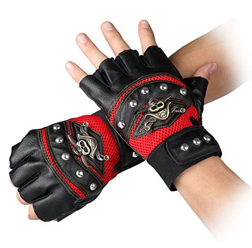 Coolwife Steampunk Gothic Handschuhe Herren Geuuine Leder Captain Fingerless Fäustlinge (B Rot) von Coolwife