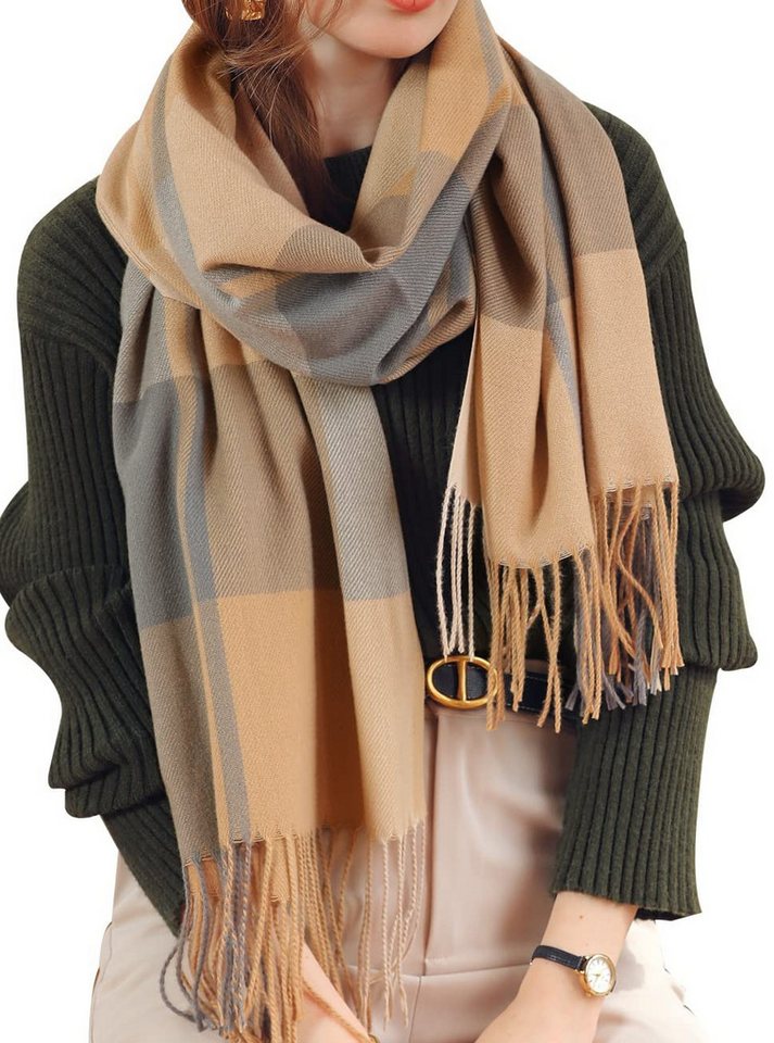 Coonoor Modeschal Damen Kariert Oversized Schal mit Fransen, Winterschal Weich Wraps, Karo Fransen Schals Warm für Herbst Winter, Mischfarbe von Coonoor
