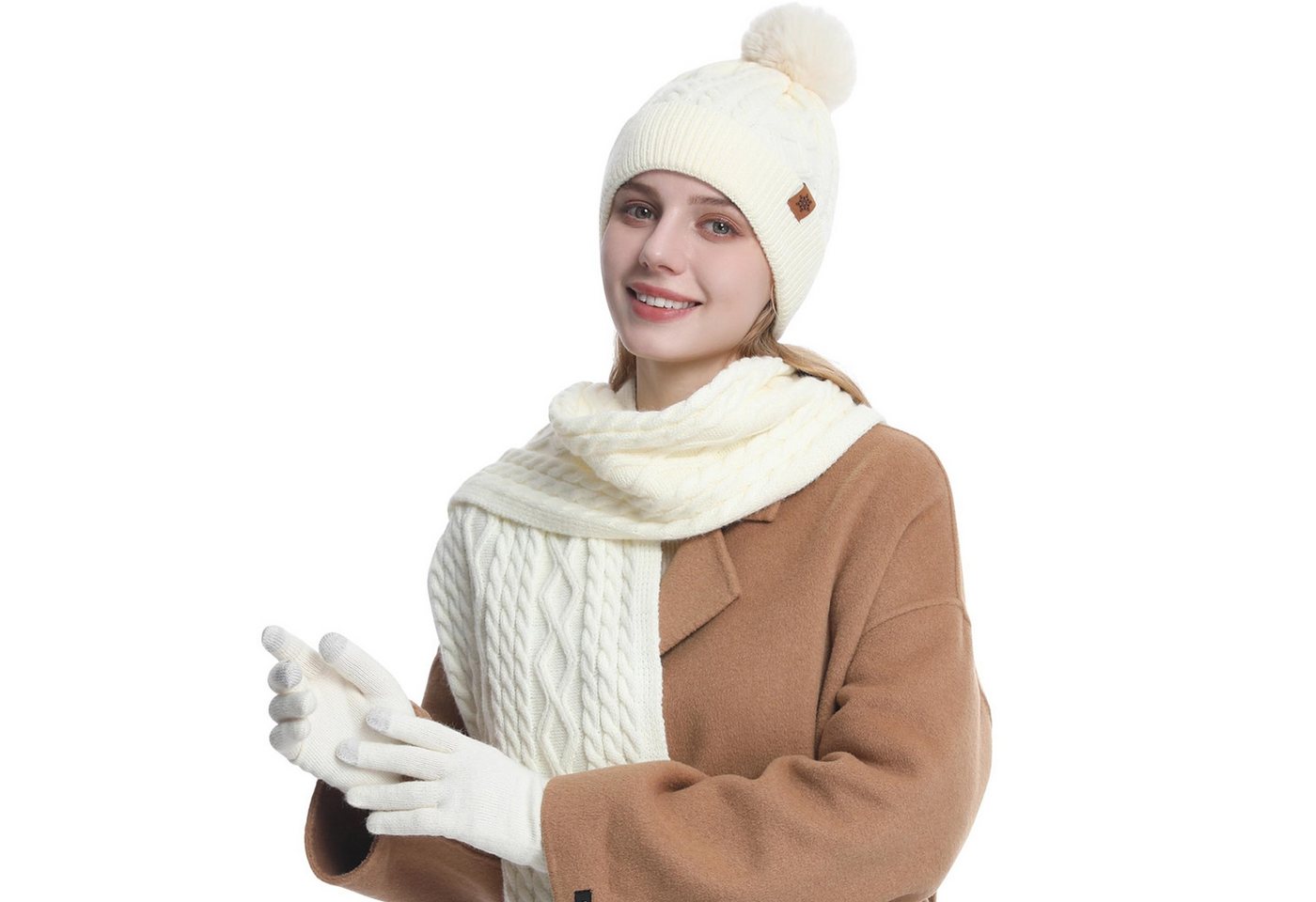 Coonoor Mütze & Schal 3 in 1 Winter Mütze Schal Handschuh Set Für Herren Damen Weiche Warme Gestrickt Strickmütze mit Bommel, Schal & Handschuh-Sets von Coonoor
