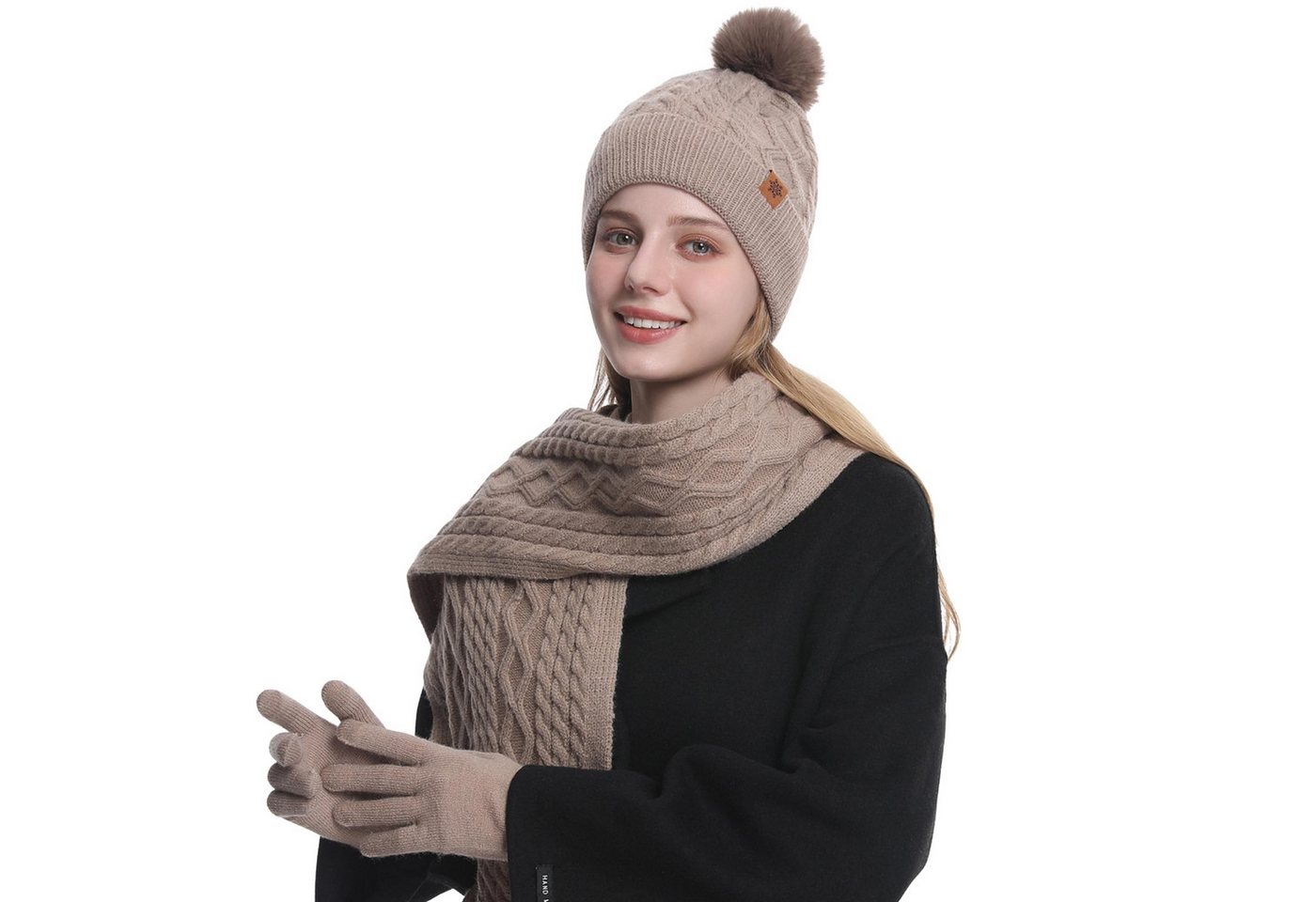 Coonoor Mütze & Schal 3 in 1 Winter Mütze Schal Handschuh Set Für Herren Damen Weiche Warme Gestrickt Strickmütze mit Bommel, Schal & Handschuh-Sets von Coonoor