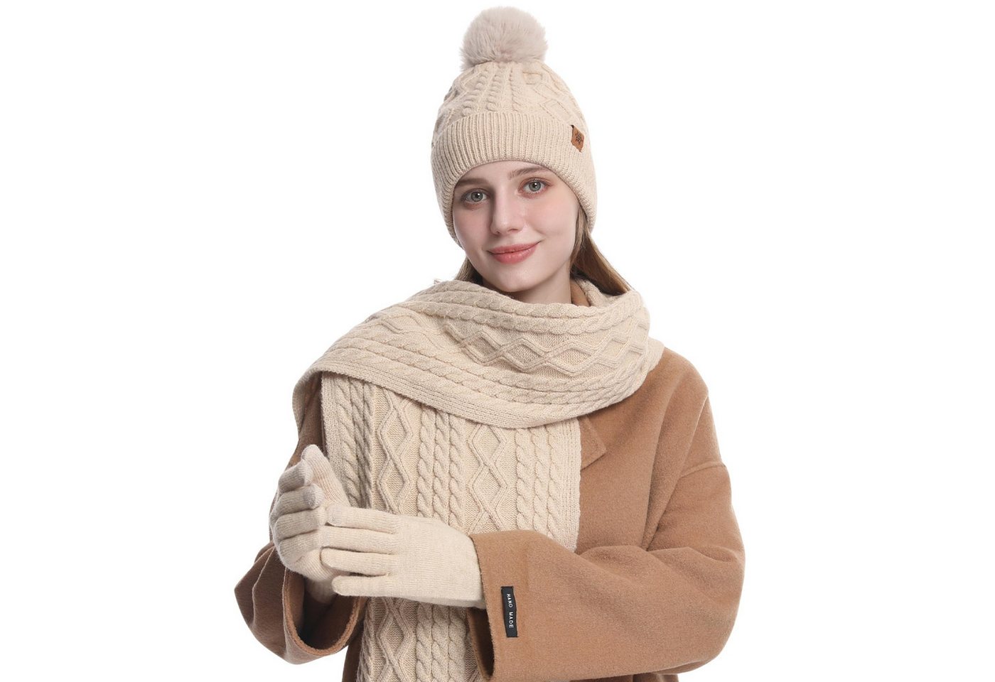 Coonoor Mütze & Schal 3 in 1 Winter Mütze Schal Handschuh Set Für Herren Damen Weiche Warme Gestrickt Strickmütze mit Bommel, Schal & Handschuh-Sets von Coonoor