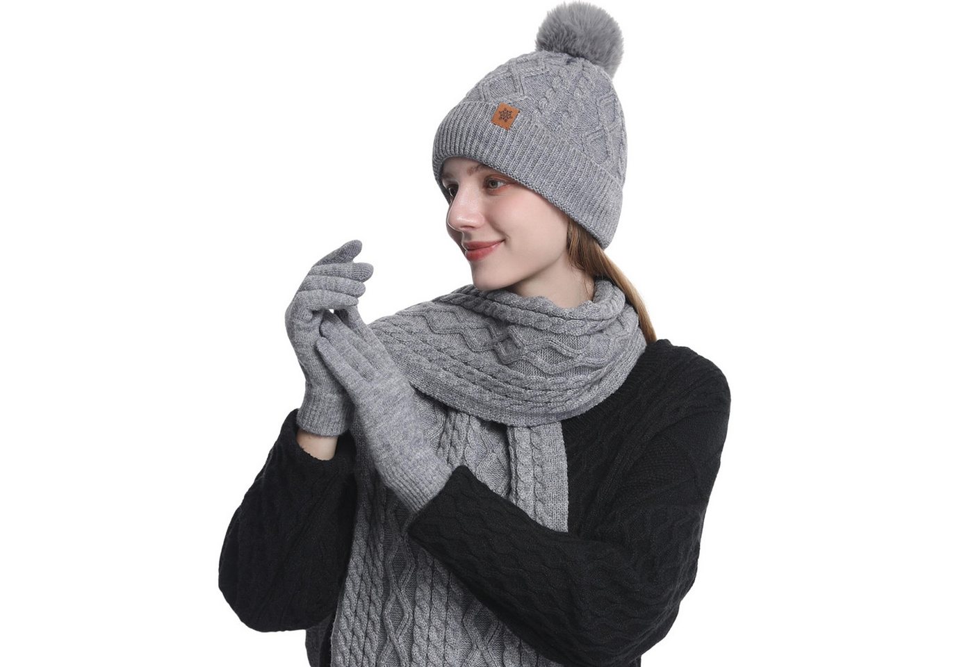 Coonoor Mütze & Schal 3 in 1 Winter Mütze Schal Handschuh Set Für Herren Damen Weiche Warme Gestrickt Strickmütze mit Bommel, Schal & Handschuh-Sets von Coonoor