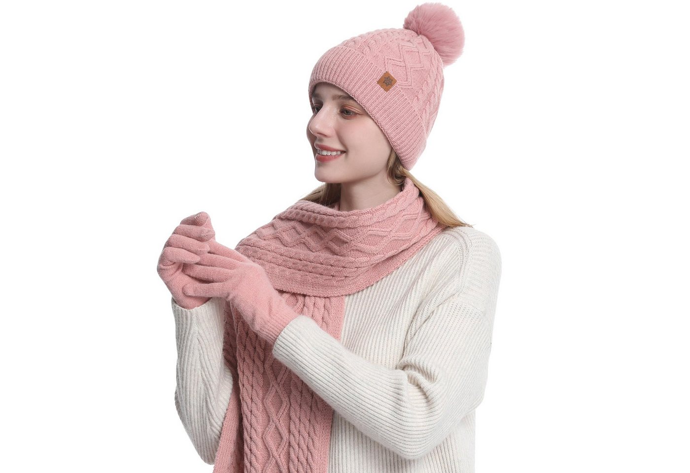 Coonoor Mütze & Schal 3 in 1 Winter Mütze Schal Handschuh Set Für Herren Damen Weiche Warme Gestrickt Strickmütze mit Bommel, Schal & Handschuh-Sets von Coonoor
