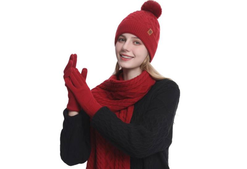 Coonoor Mütze & Schal 3 in 1 Winter Mütze Schal Handschuh Set Für Herren Damen Weiche Warme Gestrickt Strickmütze mit Bommel, Schal & Handschuh-Sets von Coonoor