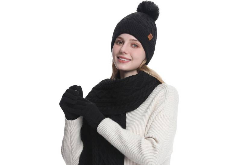 Coonoor Mütze & Schal 3 in 1 Winter Mütze Schal Handschuh Set Für Herren Damen Weiche Warme Gestrickt Strickmütze mit Bommel, Schal & Handschuh-Sets von Coonoor