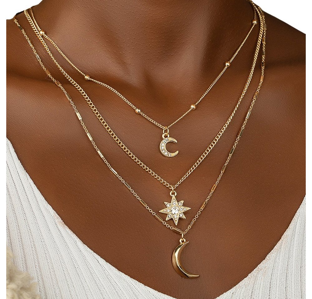 Coonoor Perlenkette Mehrreihige Halsketten für Damen,Boho Kristall-Mond Stapel-Halskette von Coonoor