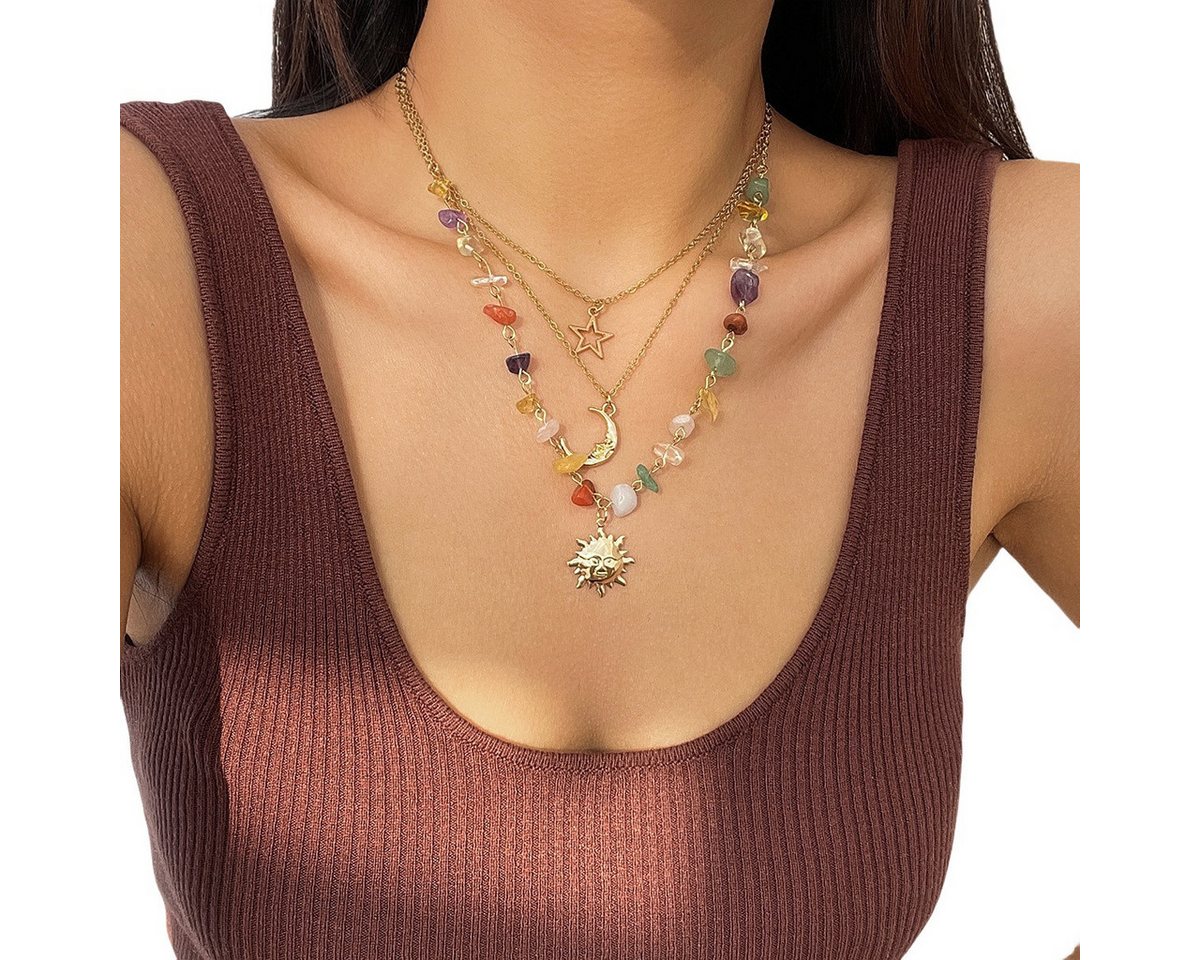 Coonoor Perlenkette Mehrreihige Halsketten für Damen,Boho Kristall-Mond Stapel-Halskette von Coonoor