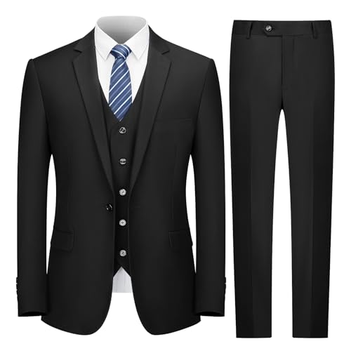 Cooper & Nelson Anzüge für Männer, Herrenanzüge Slim Fit, solide Jacke Weste Hose mit Krawatte, EIN-Knopf-Anzug-Set, schwarz, L von Cooper & Nelson