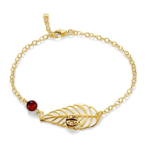 Copal Verstellbares Damen Armband Bernsteinkugel Blatt Motiv Karabinerverschluss von Copal