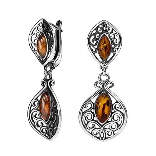 Handgefertigte Ohrringe Aus 925 Sterlingsilber Mit Braunem Bernstein In Marquise-Form Handgefertigte Ohrringe Aus 925 Sterlingsilber Mit Braunem Bernstein In Marquise-Form von Copal