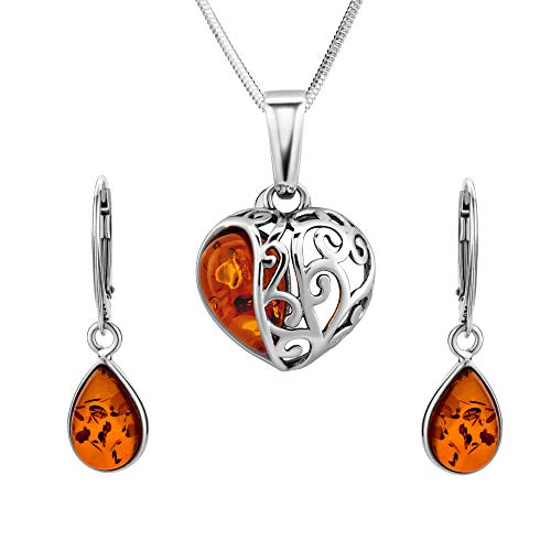Copal Sterling Silber Schmuckset Mit Bernstein Herz Anhänger Und Ohrringe von Copal