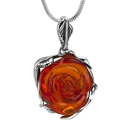 Copal Damen Bernstein-Kette Sterling-Silber 925 Blumen-Anhänger Rose braun längen-verstellbar Öko-Verpackung Geschenk für Frauen von Copal