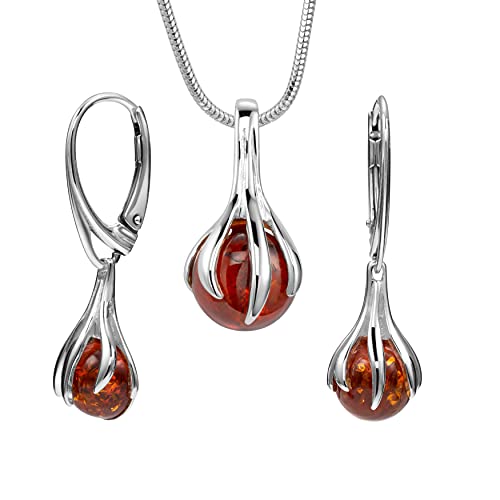 Copal Sterling Silber 925 Bernstein Schmuckset Mit Tropfenförmigem Anhänger Und Ohrhängern von Copal