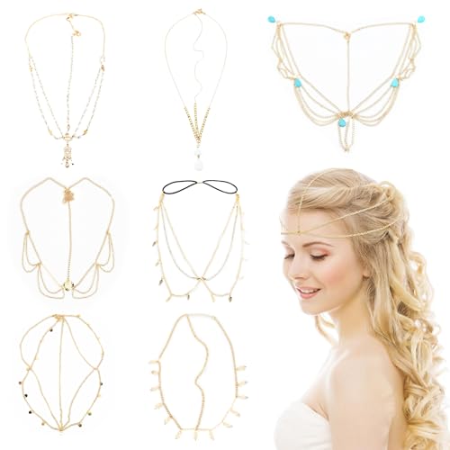 8 Stücke Schmuck Gold Stirnband Kopfkette Gold Anhänger Kopfkette Gold mittelalterliche Kopfbedeckung Prom Hochzeit Kopfstück Dangle Headchain Layered Stirnband für Frauen von Copbopwn