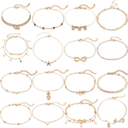 Copbopwn 16Pcs Knöchel Armbänder Einstellbare Fußkettchen für Frauen Strand-Surfer-Knöchel-Armband-Set Gold Silber Fußkettchen Herz Stern Schildkröte Fußkettchen für Frauen und Mädchen (Gold) von Copbopwn