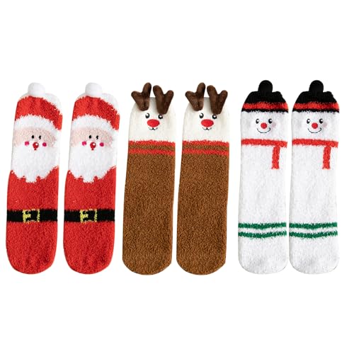 Copbopwn 3 Paar flauschige Socken Weihnachten Thermo-Socken Weihnachten Kuschelige Pantoffel Socken Weihnachten Elch Santa Schneemann Socken Korallenfleece-Bettsocken Winter Home Schlafsocken von Copbopwn