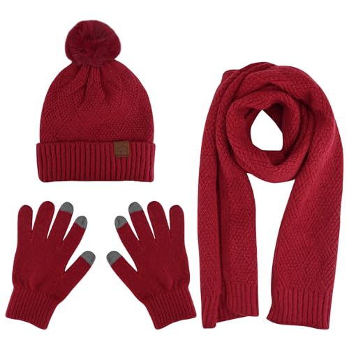 Copbopwn 3 Stück Mütze Schal Handschuhe Set, Thermische Strickmütze, Schal, Handschuhe Winter Pompom Mütze Handschuhe Schal Set Touchscreen Handschuhe Weiche dicke Mütze Handschuhe Langer Schal (Rot) von Copbopwn