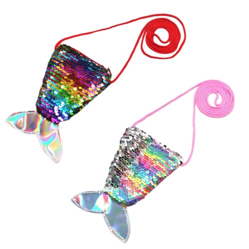 Meerjungfrau Schwanz Geldbeutel Handtaschen Pailletten Reißverschluss Portemonnaie Tasche Mini-Geldbörse für Kinder Kinder Crossbody-Taschen Crossbody Umhängetasche mit Riemen für Mädchen (Rot) von Copbopwn