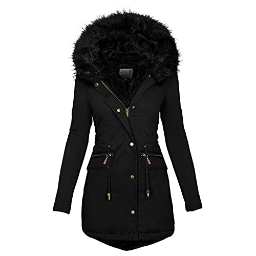 Copelsie Damen Wintermantal Lang mit Fell Wasserdicht Schwarz Sale Warm Winterparka Damenmantel Parka Mantel Damenjacke Fleecejacke Steppjacke Steppmantel Übergangsmantel Übergangsjacke Winterjacke von Copelsie