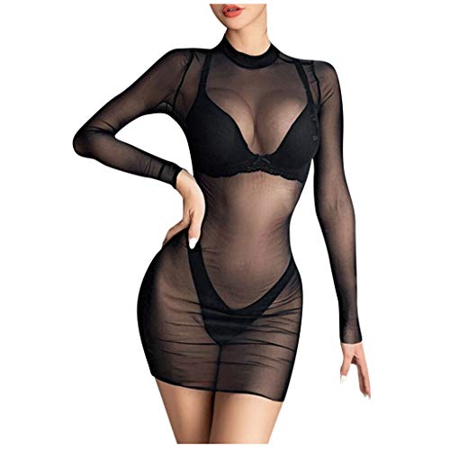 Copelsie Dessous Tüll Mesh Kleid Minikleid Sexy Transparent Negligee Babydoll Langarm Bodycon Nachtkleid Clubwear Partykleid Unterkleid Bikini Cover up von Copelsie