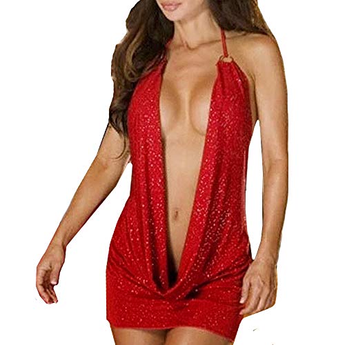 Copelsie Frauen Einfache Overalls Sexy Charmante Dessous Schlafkleid Pyjamas Rotes Neckholder Tiefes V Nachthemd von Copelsie