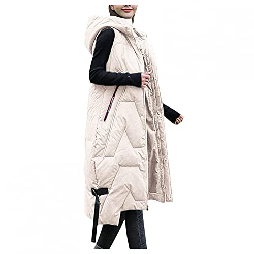 Copelsie jacke damen herbst, Lang Weste Mantel Damen Schlanke Daunenweste mit Kapuze Warme Steppweste Lose Steppjacke Winter Ärmellose Winddichte Daunenjacke Pufferjacke Daunenmantel von Copelsie