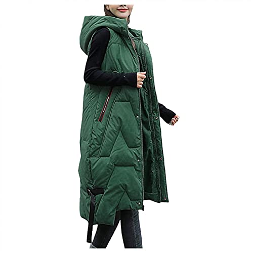 Copelsie Jacke Damen lang, Lang Damen Weste Daunenweste Steppweste Ärmellos Jacke Kapuzen Wintermantel Daunenmantel Einreiher Steppmantel Outwear, Grün, L von Copelsie