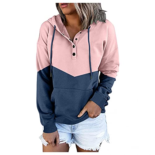 Copelsie Pullover Damen Herbst, Hoodie reißverschluss, Strickjacke lang, Kapuzenpullover Kontrastfarbe Sweatjacke Langarm Freizeit Oberteile mit Reißverschluss aus Baumwolle, Z11-rosa, XL von Copelsie