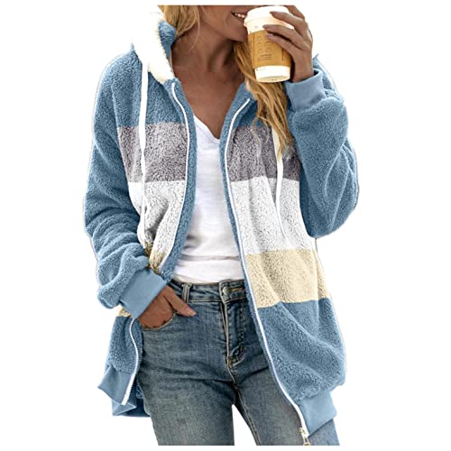 Copelsie Teddyfleece Jacke Damen Outdoor, Plüschjacke Damen mit Kapuze Flauschig Teddy Fleecejacke für Winter Farbblock Patchwork Comfy Übergangsjacke Übergroße Flauschjacke Winter Warm Mantel von Copelsie