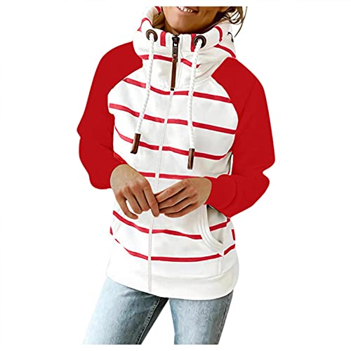 Copelsie Damen Hoodies Pullover Oversized, Sweatjacke mit Kapuze Gestreifter Hoodie Reißverschluss Sweatshirt Langarm Kapuzenpullover Slim Jumper Winter Kapuzenjacke Kapuzenpulli, XL, Rot von Copelsie