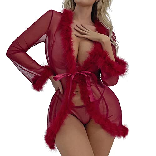 Dessous Damen Sexy Unterwasche Rot, Sexy Dessous Set für Frauen Spitze Nachtwäsche Damen Spitze Babydolls Dessous für Frauen Exotische Sexy V Ausschnitt Mesh Slips Nachthemd Unterwäsche Bodysuit von Copelsie