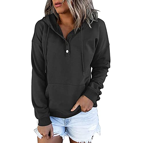 Hoodie Damen reißverschluss, Damen Kapuzenpullover Einfarbig Gestreifte Knöpfe V-Ausschnitt Hoodie Teenager Mädchen Sweatjacke Sweatshirt für Frauen Kapuzenjacke Kordelzug Kapuzenpulli Langarm von Copelsie