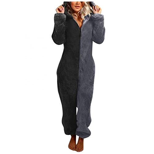 Copelsie Overall Damen Langarm Jumpsuit Damen Plüsch Pyjama Einfarbig Fleece Overall Onesie Kuschelig Lange Ärmel Einteiler Schlafanzug mit Kapuzen Freizeitanzug Set Flauschig Ganzkörperanzug von Copelsie