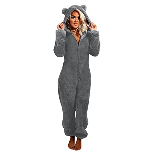 Schlafanzug Damen Kurz Damen Teddy Fleece Einteiler Pyjama Winter Warm Kuschelig Onesie Overall Jumpsuits Hausanzug Strampelanzug Schlafanzug Schlafoverall mit Kapuze & Reißverschluss von Copelsie