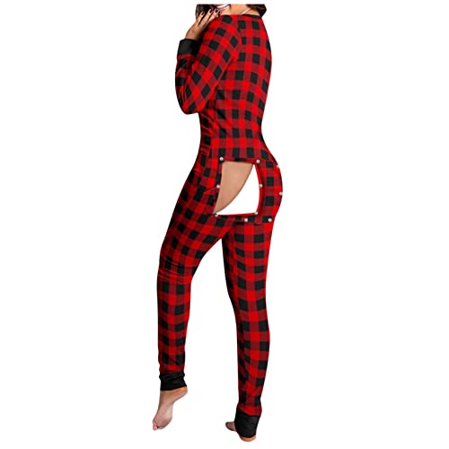 Schlafanzug Damen Kuschelig, Damen Jumpsuits Sexy Schlafanzug Erwachsene Onesie Overall für Damen Kuschelig Jumpsuit Pyjama Butt Button Back Flap Overall Hausanzug Schlafanzug Mit Po Klappe von Copelsie