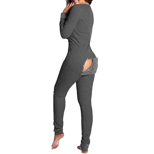 Copelsie Schlafanzug Damen Lang, Damen One Piece Onesie Nachtwäsche Sexy Butt Button Back Flap Jumpsuit Pyjamas Bodycon Frauen Beiläufig Bodysuit Strampler Bodysuit Pyjamas Onesie Overall Stretch von Copelsie