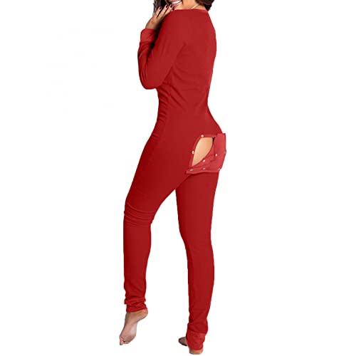 Schlafanzug Damen Lang Baumwolle, Jumpsuit Damen Sexy Schlafanzug Funktionell Buttoned Flap Pyjama Nachtwäsche Bodysuit Einteiliger Thermo Unterwäsche mit Knopfleiste Overall Sleepwear von Copelsie