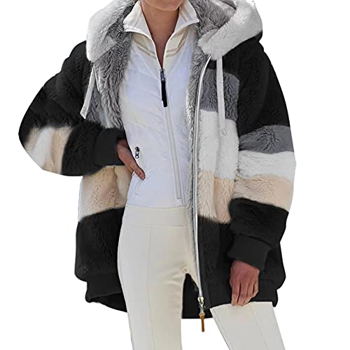 Copelsie Teddyfleece Jacke Damen Lang, Teddy Fleecejacke mit Kapuze Fleecemantel Plüschjacke Plüsch Oberbekleidung Teddymantel Frauen Reißverschluss Große Größen kapuzenmantel Einfarbig, Schwarz, M von Copelsie