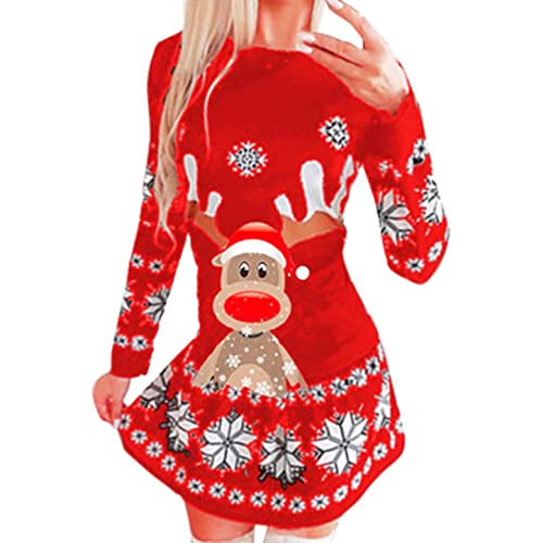 Weihnachtskleid Damen, Damen Weihnachtskleid Sexy Minikleid Abendkleid Ausgestellte Partykleid Frauen Weihnachtsmotiv Sweatshirt Pullover Kleid Christmas Langarm Casual Cocktailkleid von Copelsie