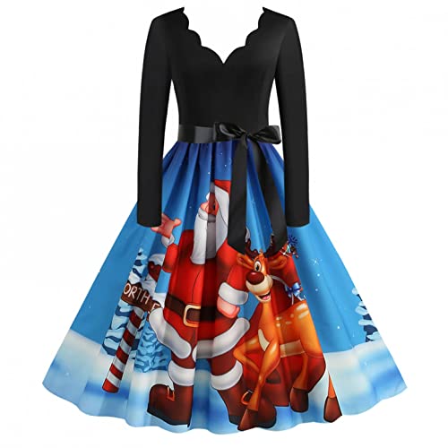 Weihnachtskleid Damen, Weihnachten Kleider Langarm Cocktailkleider Elch Drucken Weihnachtskleid Festlich Kleider Slim Partykleider Swing Rockabilly Kleid Ballkleid Rundhals für Weihnachten Party von Copelsie