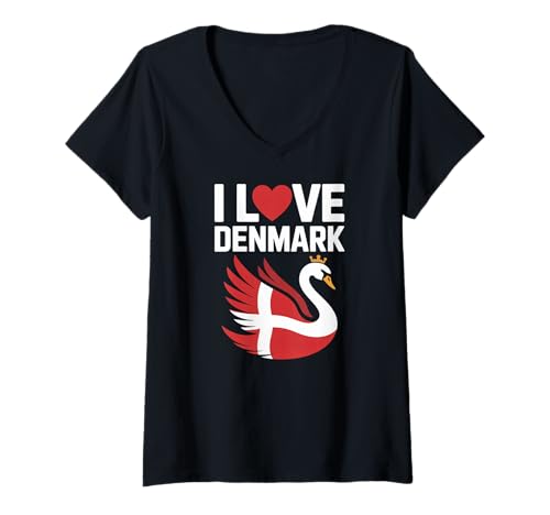 Damen Ich Liebe Dänemark Heart Swan Danish Pride T-Shirt mit V-Ausschnitt Damen Ich Liebe Dänemark Heart Swan Danish Pride T-Shirt mit V-Ausschnitt von Copenhagen Enthusiasts Denmark Fanatics