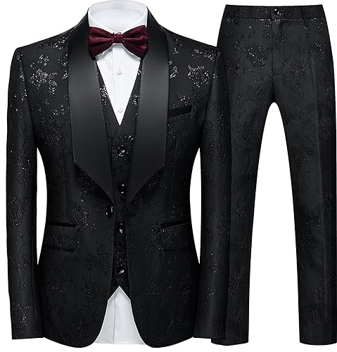 Herren Anzug 3-teilig Slim Fit Smoking für Männer Paisley Anzug Smoking Schal Revers Ein-Knopf Blazer Weste Hose Set für Abschlussball, Schwarz, XL von Copiladen