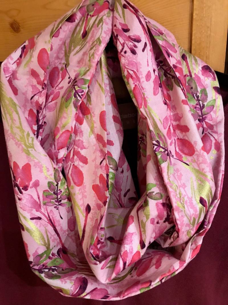 Rosa Infinity Schal, Baumwolle, Gold, Hot Pink, Rosa, Asiatisch, Blätter, Blumen, Unter 30 Geschenk, Etsy Kinder von CopperBugCompany