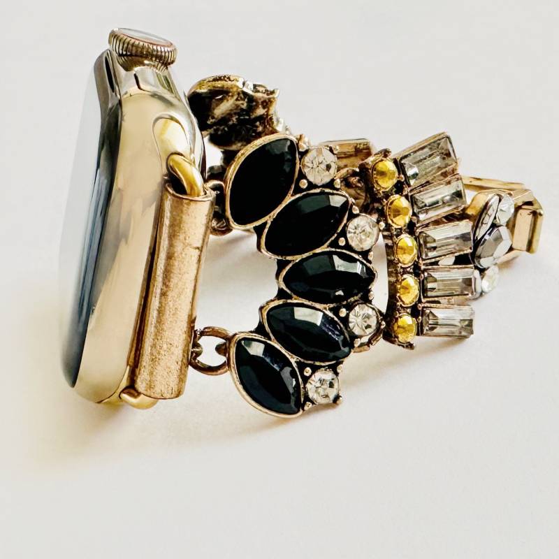 Gatsby Für Apple-Uhrenarmband Onyx & Goldjuwelen-Armband Apple-Uhr, Damen-Armband Apple-Uhr 38 Mm 40 41 42 44 45 46 von CopperRobinBoutique