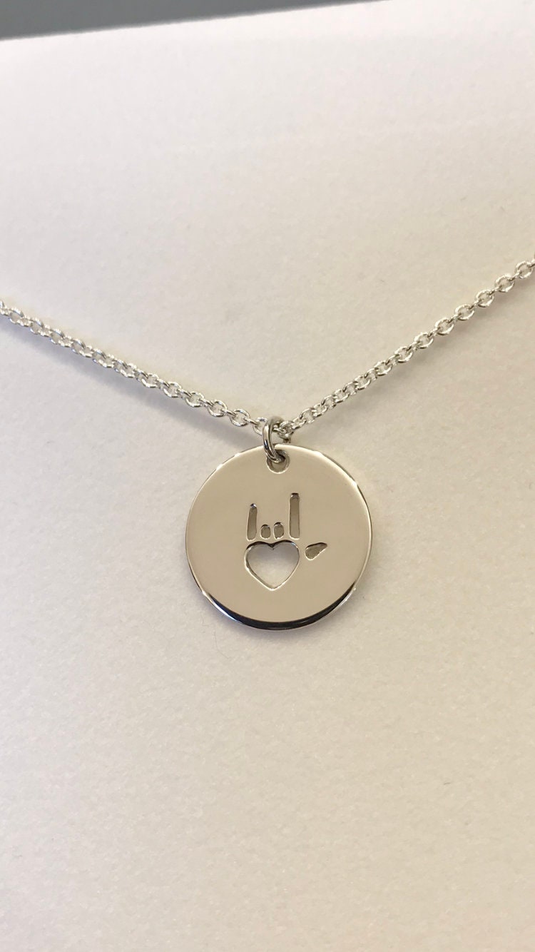 sterling Silber Scheibe & Herz "I Love You" Halskette - Zeichensprache Symbol Unisex von CopperfoxGemsJewelry