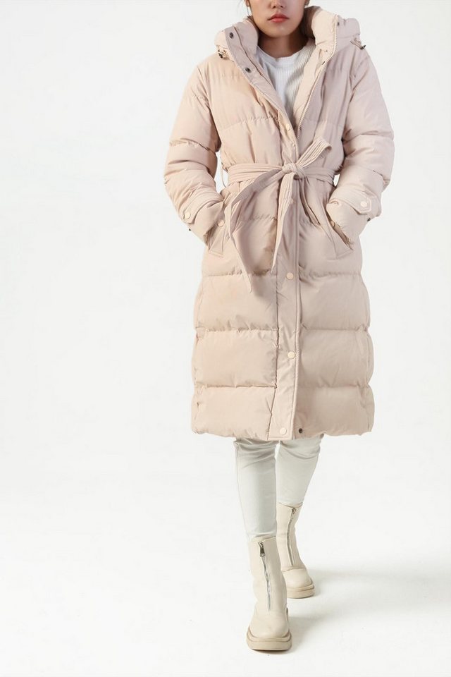 Copperose Langjacke Damen Steppmantel mit Gürtel, Lange Winterjacke mit Kapuze Parka lang Knopfleiste, Reißverschluss von Copperose