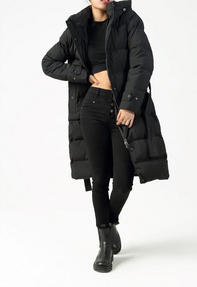 Copperose Langjacke Damen Steppmantel mit Gürtel, Lange Winterjacke mit Kapuze Parka lang Knopfleiste, Reißverschluss von Copperose