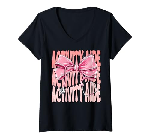 Damen Activity Aide Week Day for Women Coquette Bow Stethoskop T-Shirt mit V-Ausschnitt Damen Activity Aide Week Day for Women Coquette Bow Stethoskop T-Shirt mit V-Ausschnitt von Coquette Activity Aide for Cute and Funny Nurses