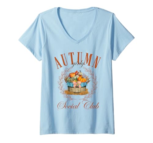 Damen Herbst Girly Social Club Kokette Kürbis Girlycore Herbst T-Shirt mit V-Ausschnitt von Coquette Aesthetic